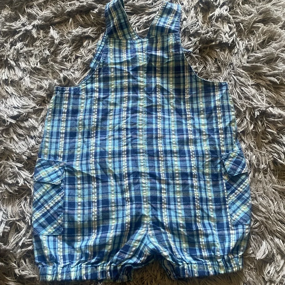 Plaid Blue Kids Overalls with Turtle Design size 24M